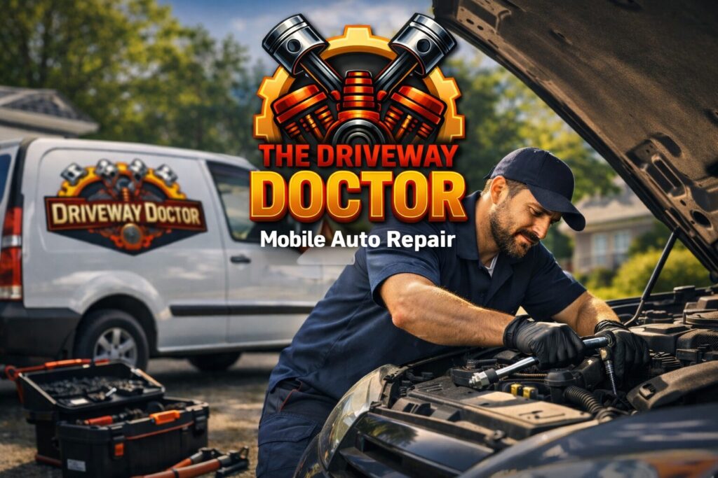 Mobile mechanic repairing a vehicle in a driveway